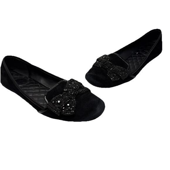 Tory Burch Carissa Embellished Bow Suede Leather Black Ballet Flat Size 7.5 M - Picture 1 of 14